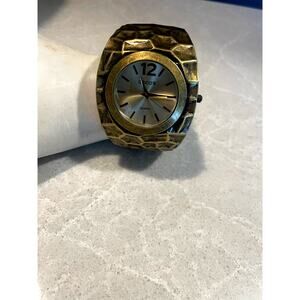 Women's Chicos Gold Tone Hammered Textured Cuff Bracelet Watch Jewelry Statement